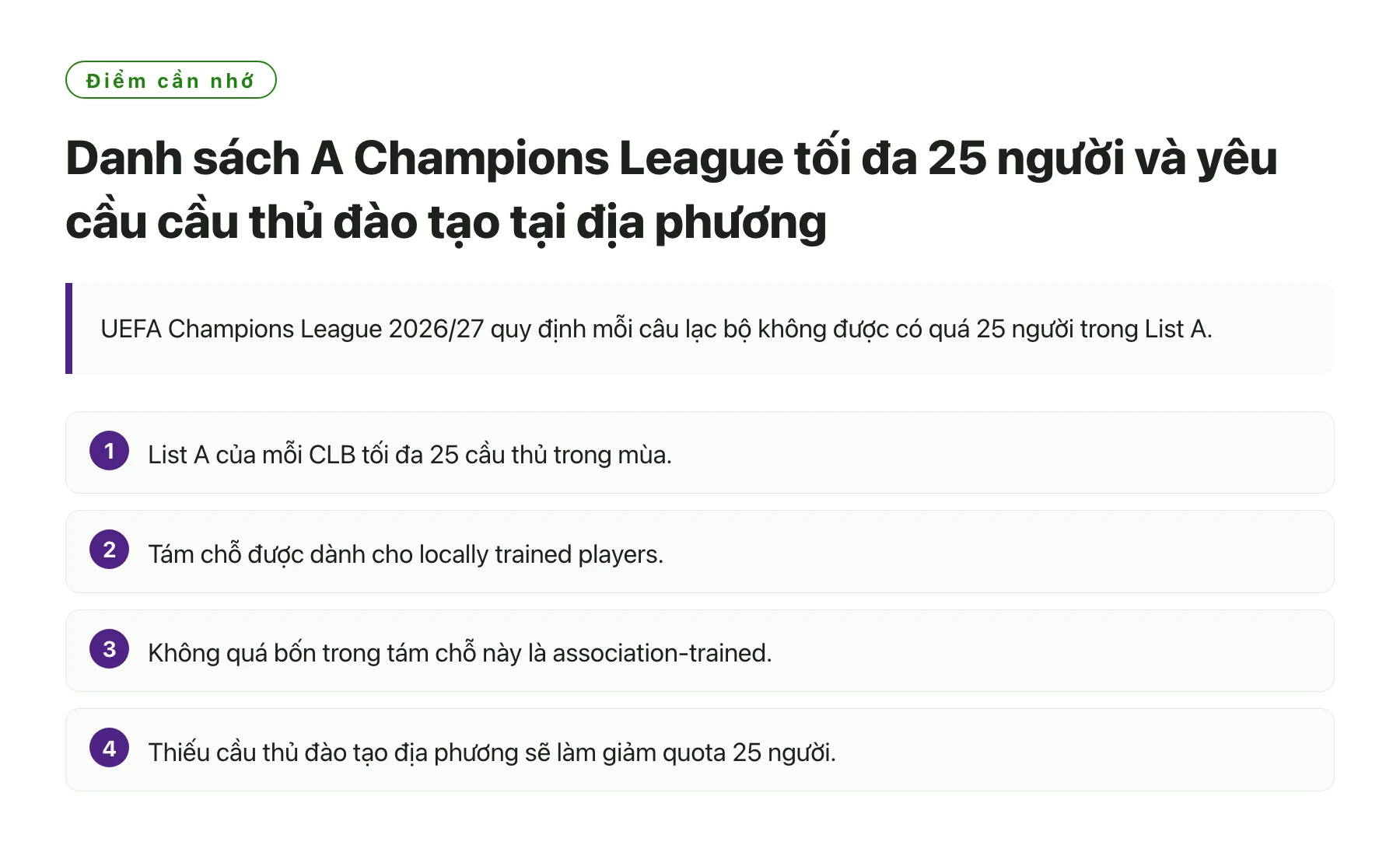 Danh sách A Champions League tối đa 25 người và yêu cầu cầu thủ đào tạo tại địa phương——全文要点速览
